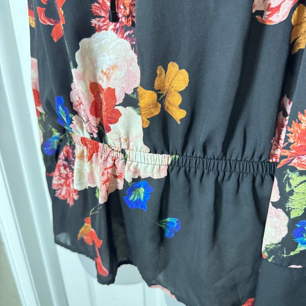 Worthington Floral Peplum Blouse Tie Neck Velvet Yoke Long Sleeve Work Top - Picture 7 of 11